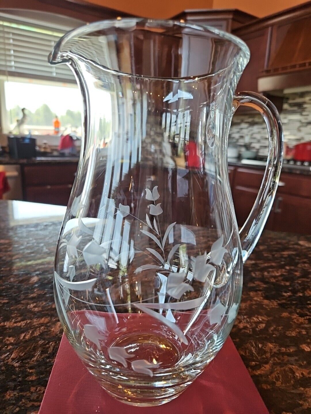 Vintage Large Clear Glass Water/Tea Pitcher Etched W/Florals, 9\