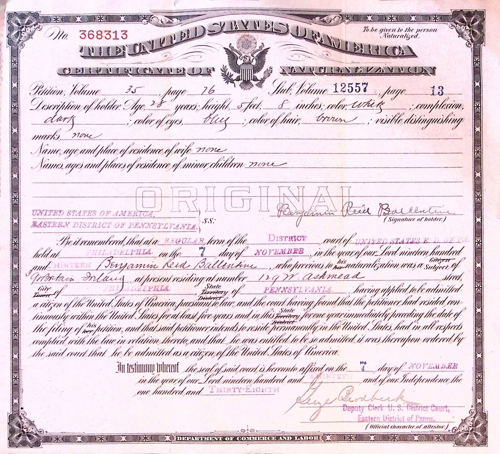 US Certificate of Naturalization 1913 Philadelphia Benjamin Reid Ballentine