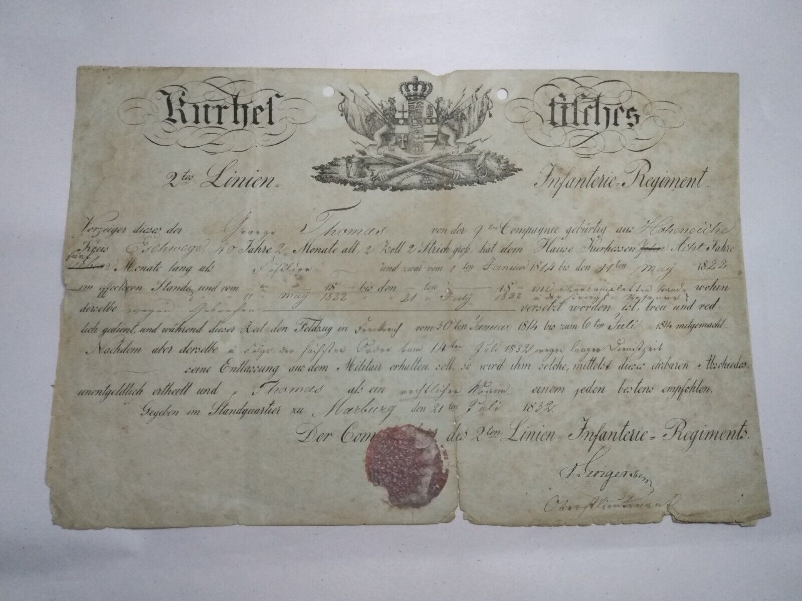 Rare German Napoleonic Veterans 2nd Line Infantry Regiment Discharge Document 