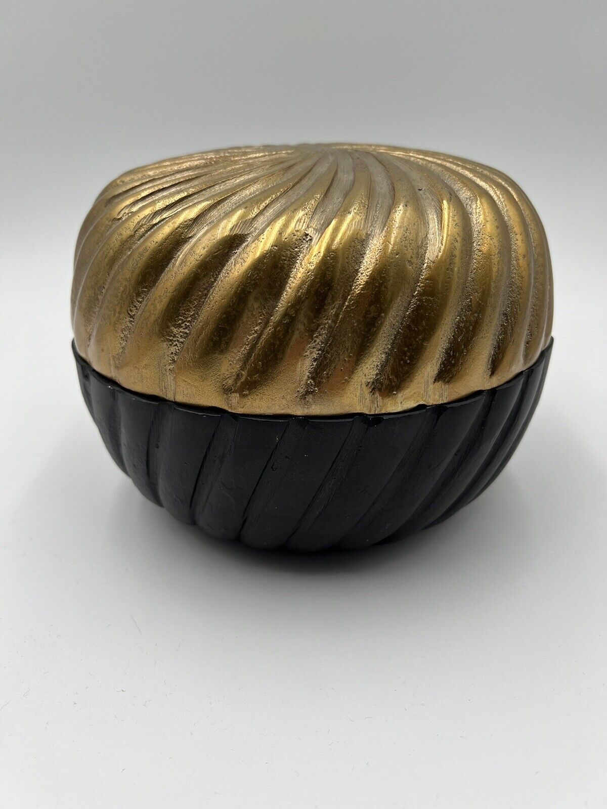 RARE Art Deco Round Metal Lidded Black & Gold Large Heavy Decorative Stasher Box