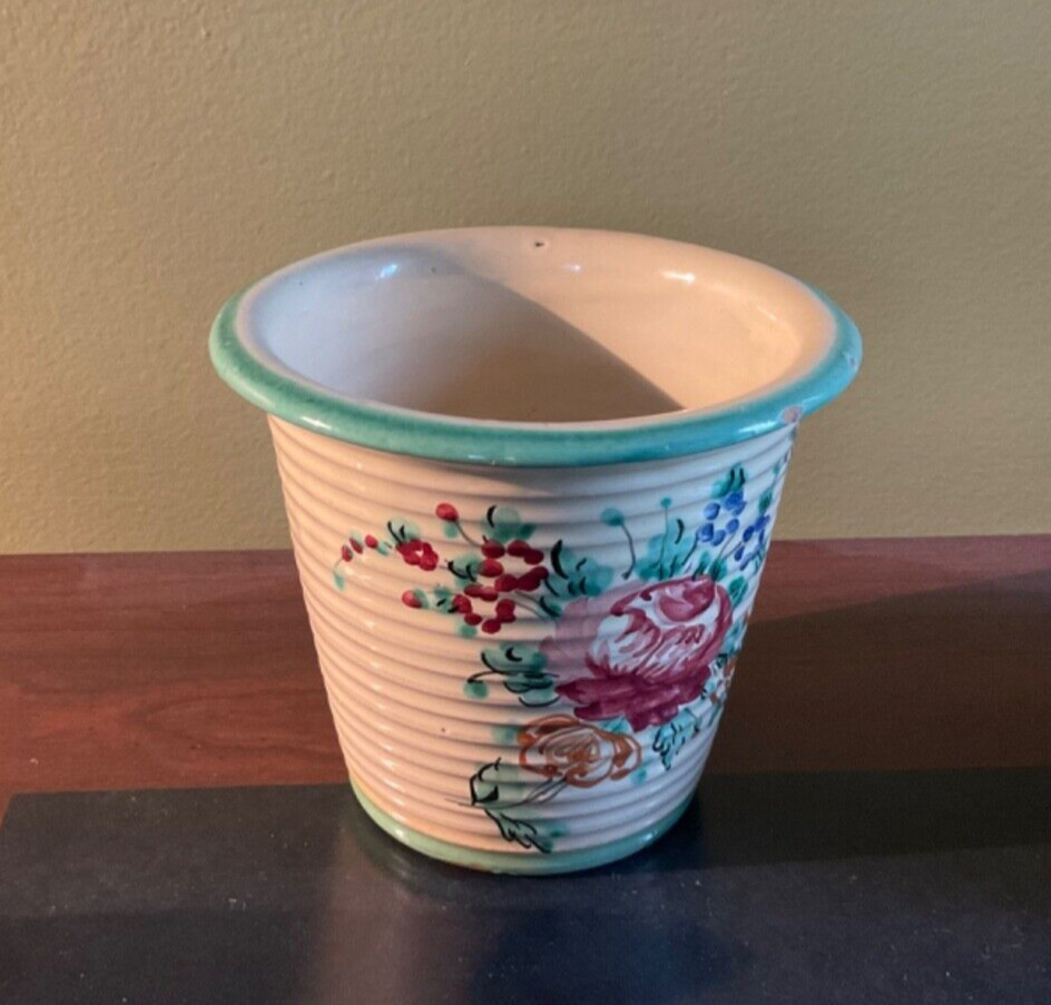 Vintage Antique creamVanro Ribbed Italy small Hand Painted Signed flower pot