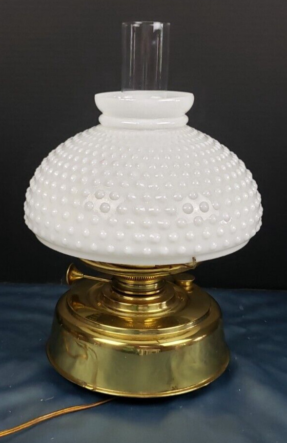 Vintage Hurricane Mid-Century Brass Table Lamp w/Hobnail Shade 26