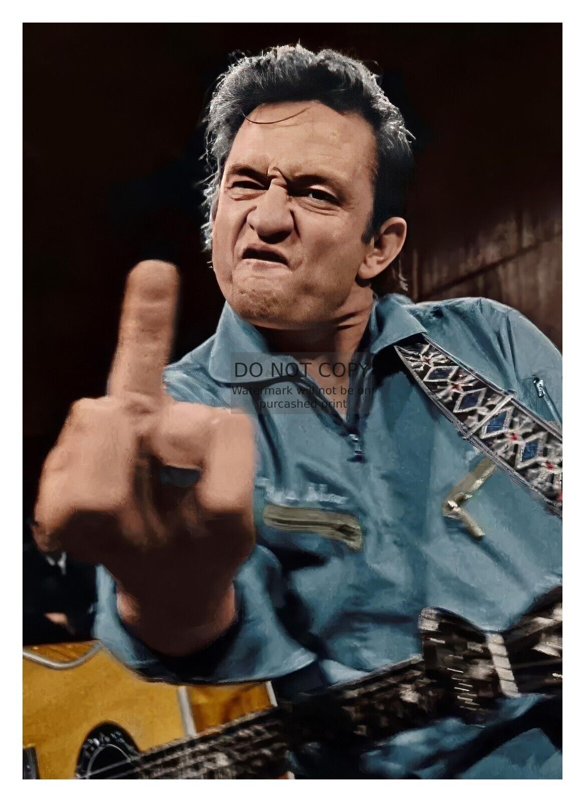 JOHHNY CASH FLIPPING THE BIRD TO THE CAMERA COUNTRY SINGER 5X7 COLORIZED PHOTO