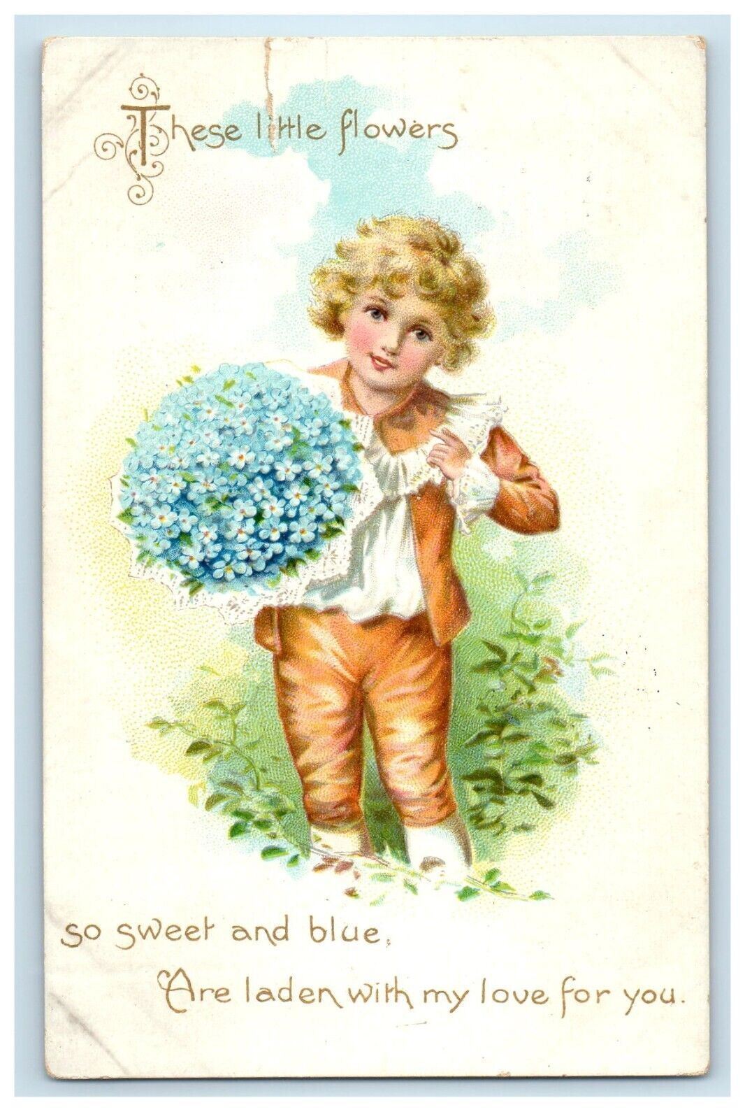 1907 Valentine Boy With Bouquet Of Pansies Flowers Marshalltown Iowa IA Postcard