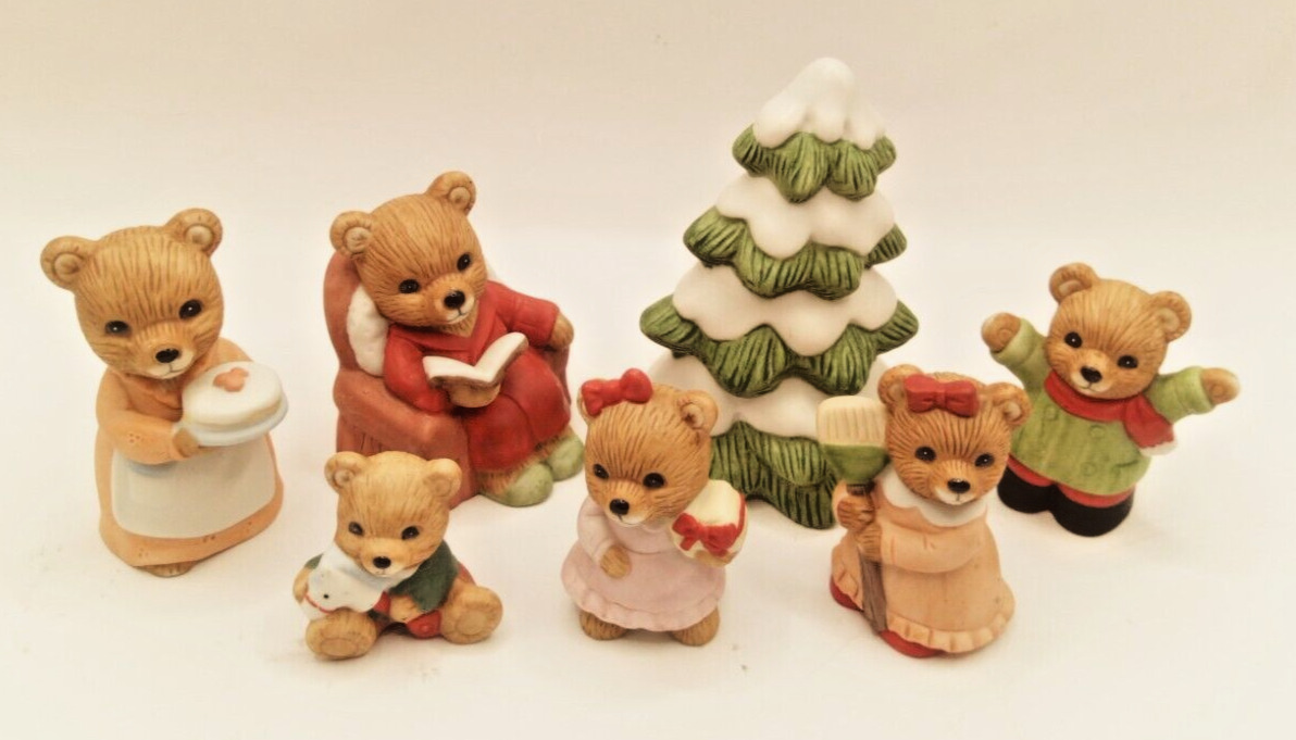 Vintage HOMCO 5101 & 5302 Christmas Bear Family Set of 7 1980s Ceramic