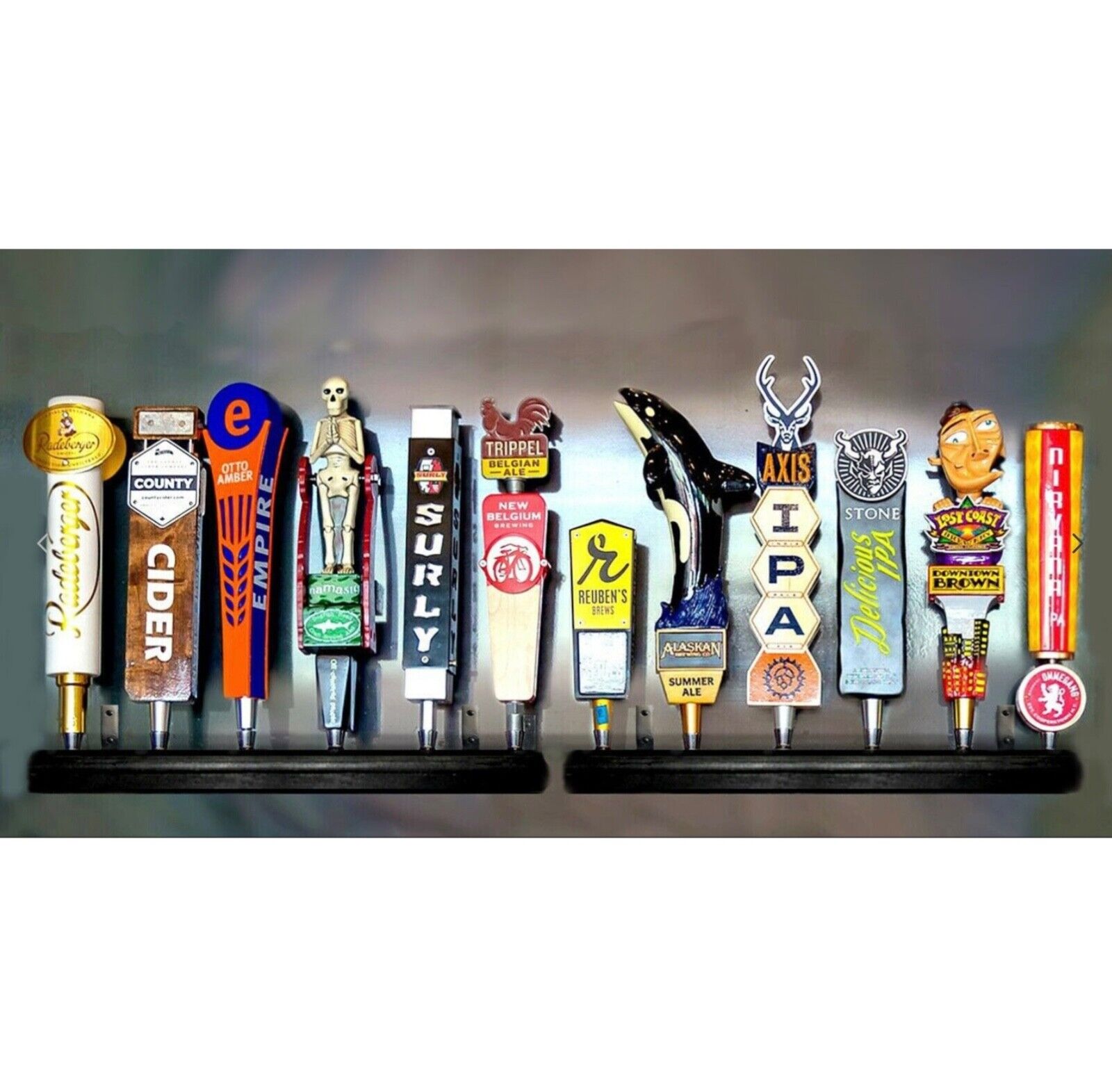 12 SPOT BEER TAP HANDLE DISPLAY  WALL MOUNTED LOT OF 2 ea 6tap W/ BRACKETS