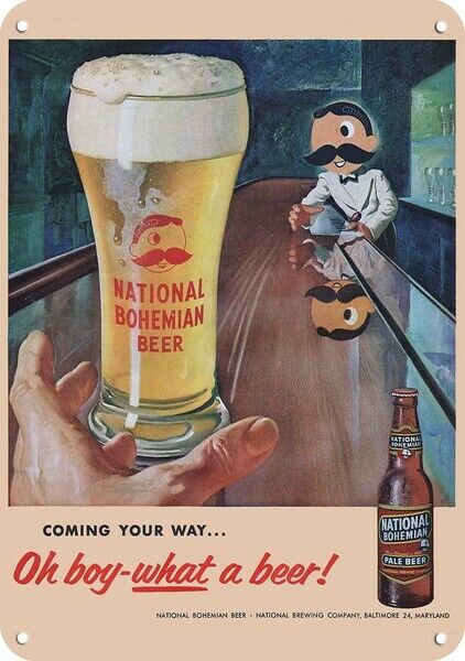 1955 NATIONAL BOHEMIAN BEER & Cartoon Bartender DECORATIVE REPLICA METAL SIGN