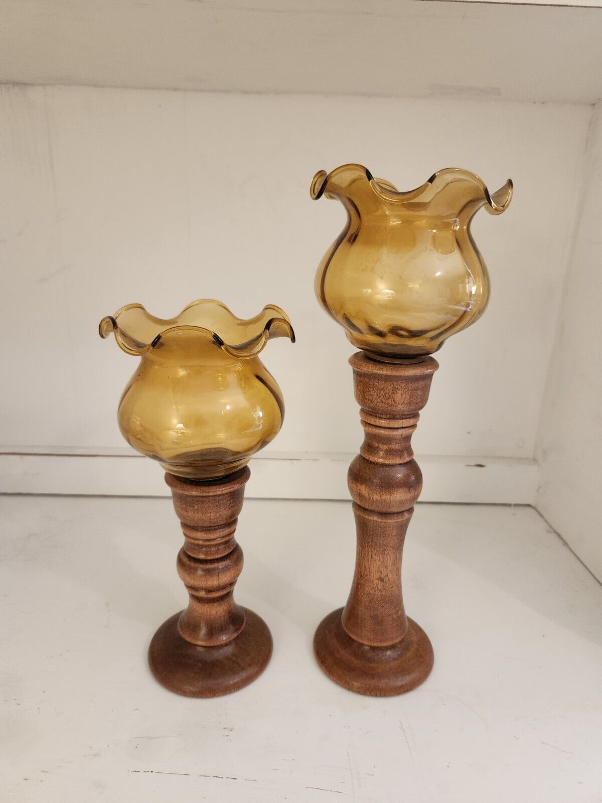 Vintage MCM Amber Glass Peg Votive And  Wood Candleholder Set