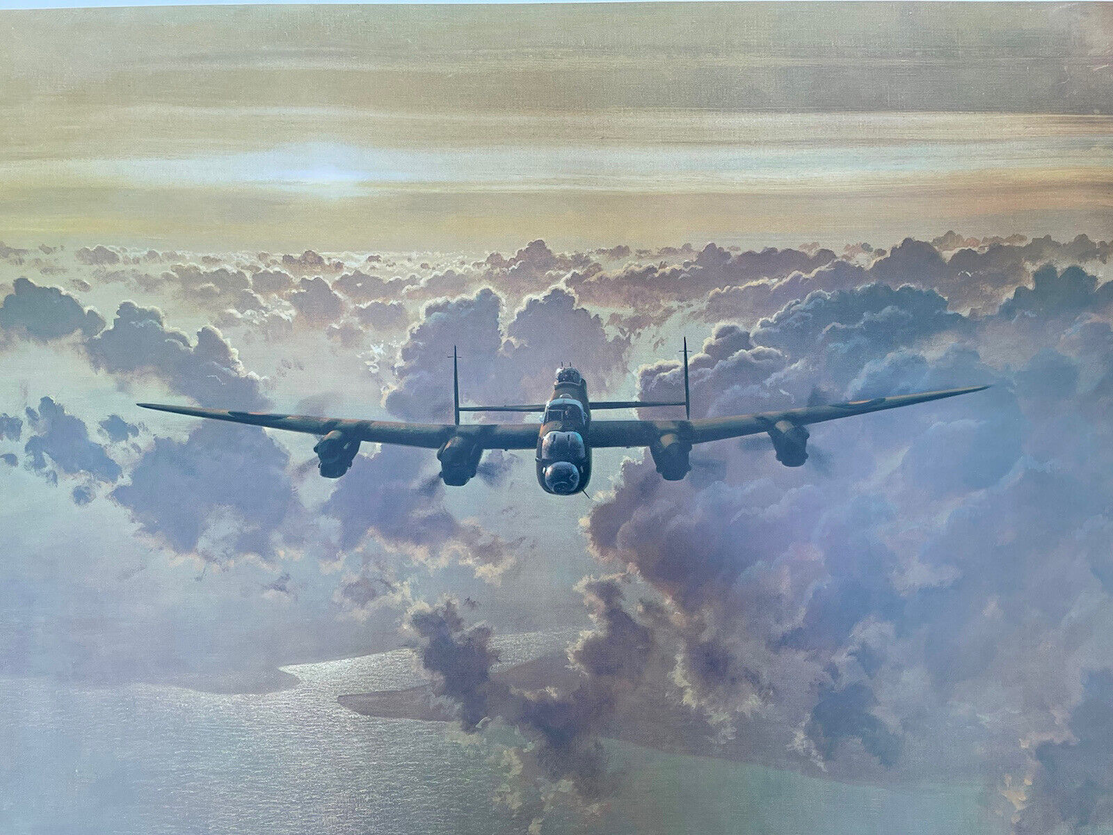 1977 GERALD COULSON OUTBOUND LANCASTER BOMBER CROSSING ART PRINT 34x25\