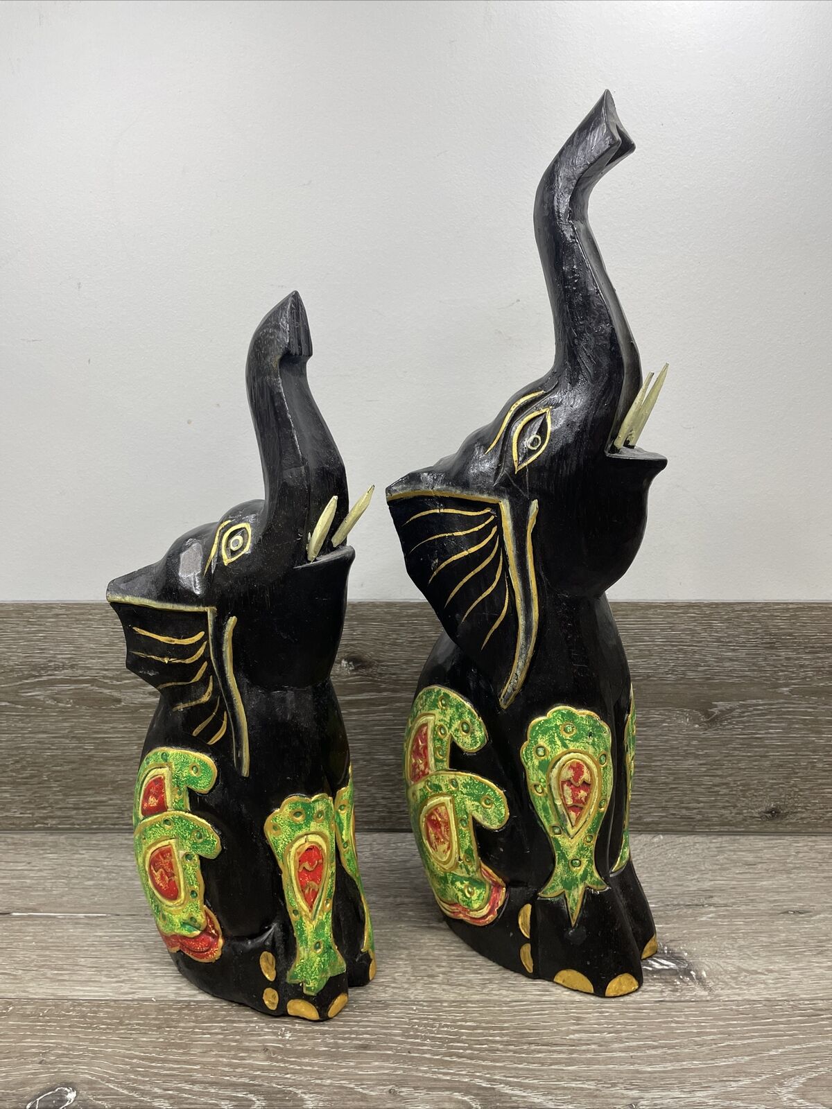 Set of 2 Wooden Handcrafted Trunk Up Asian Elephant Figurines 19” Indonesia