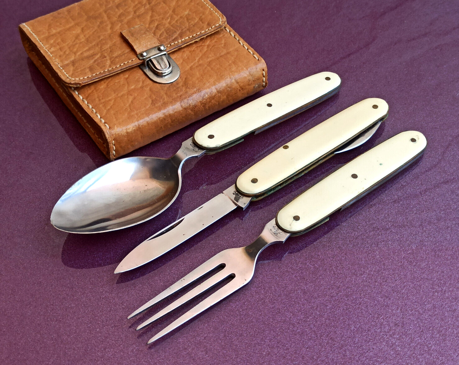 1950 IHER Set, Fork, Spoon, Knife, Tourist Knife, Pocket Knife, Vintage Knife