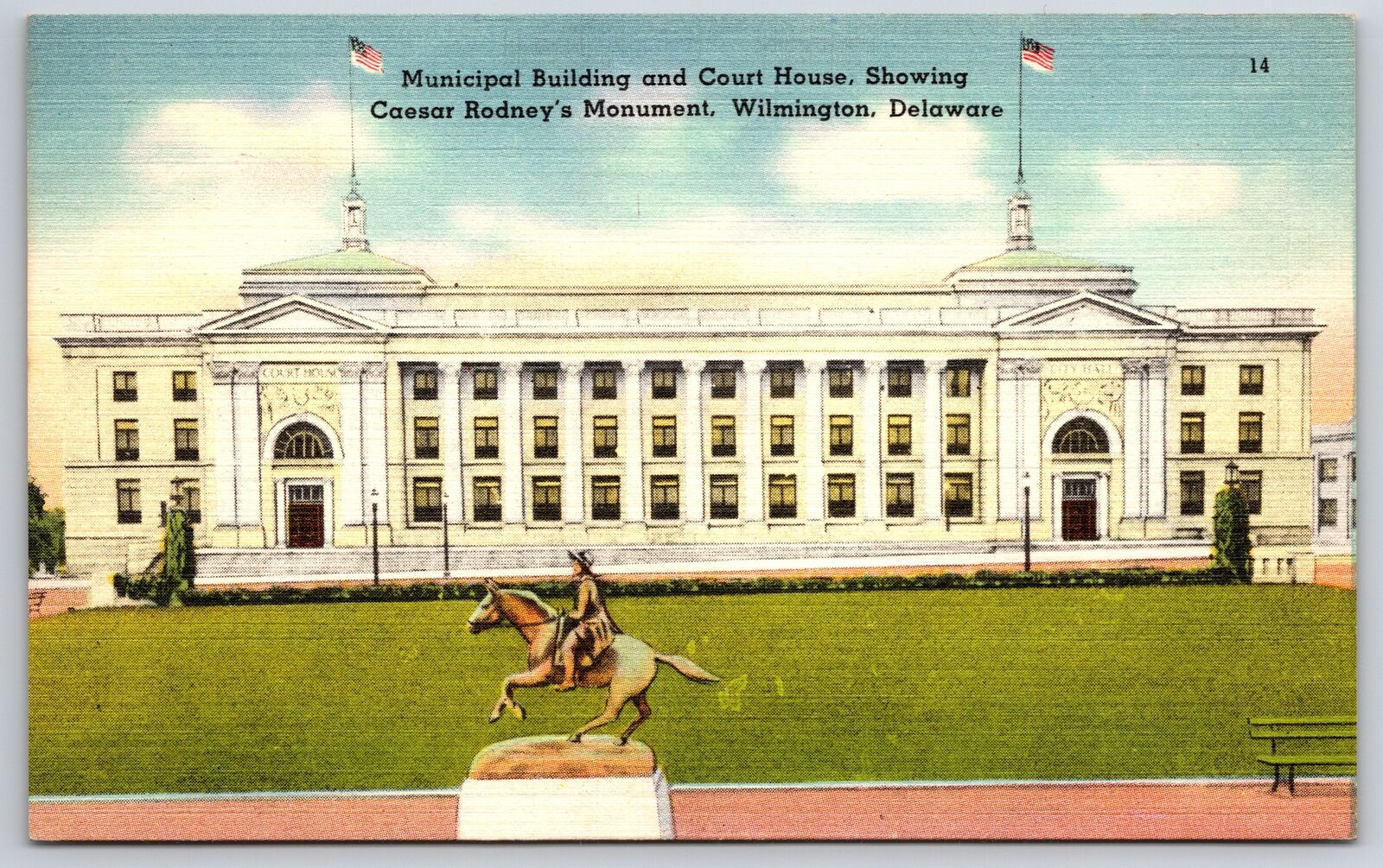 Wilmington DE~City Hall & Court House~Caesar Rodney Monument~c1940 Linen PC
