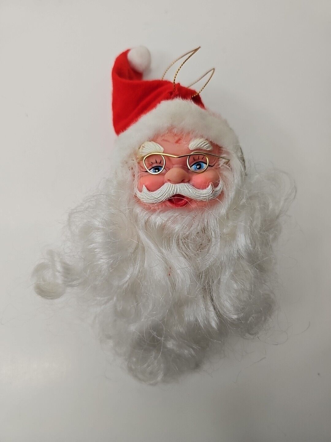 VTG Santa Claus Doll Head Spectacles Christmas Ornamant Rubber Face Felt Hat