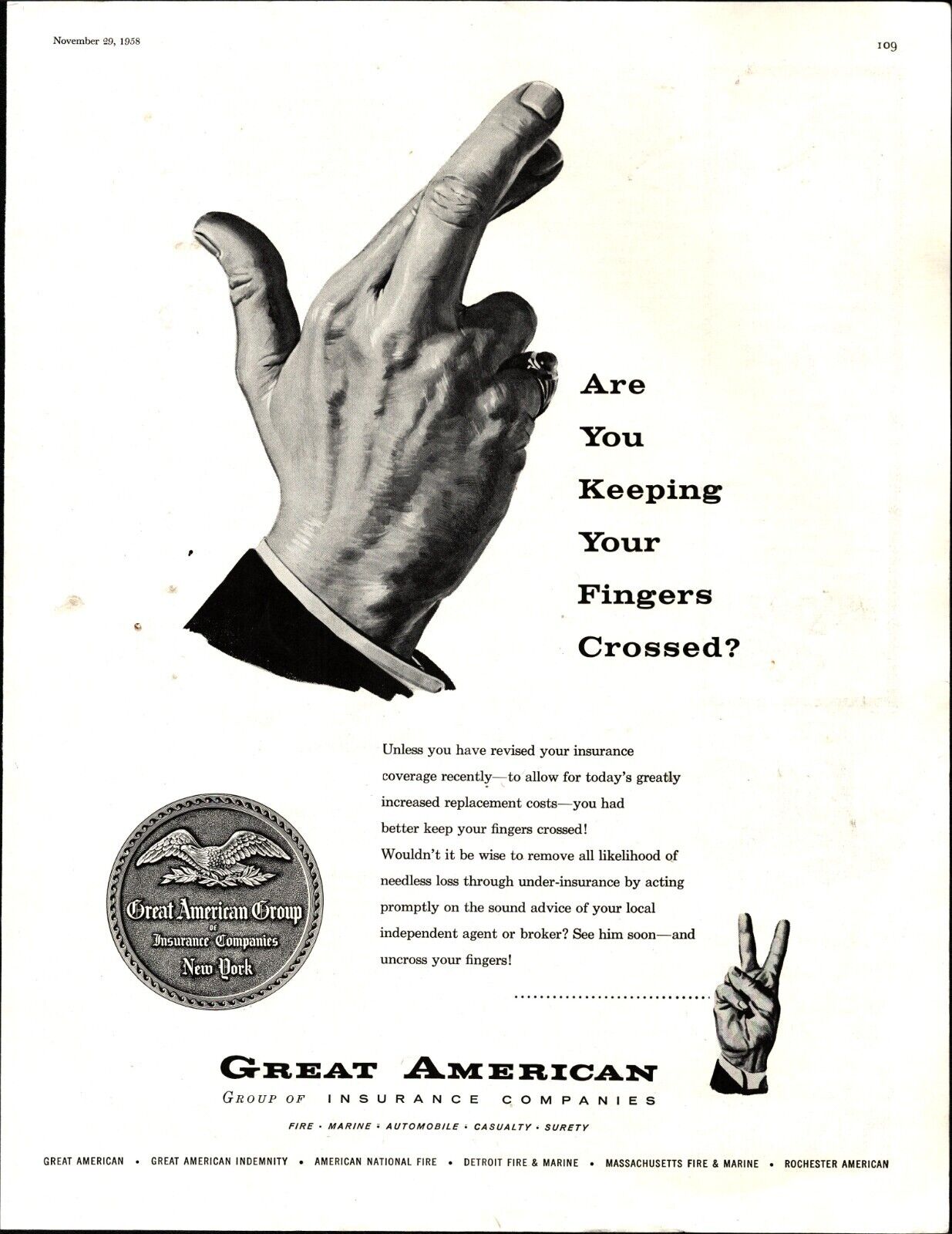 1958 Great American Group Insurance Companies fingers crossed Vintage Print Ad