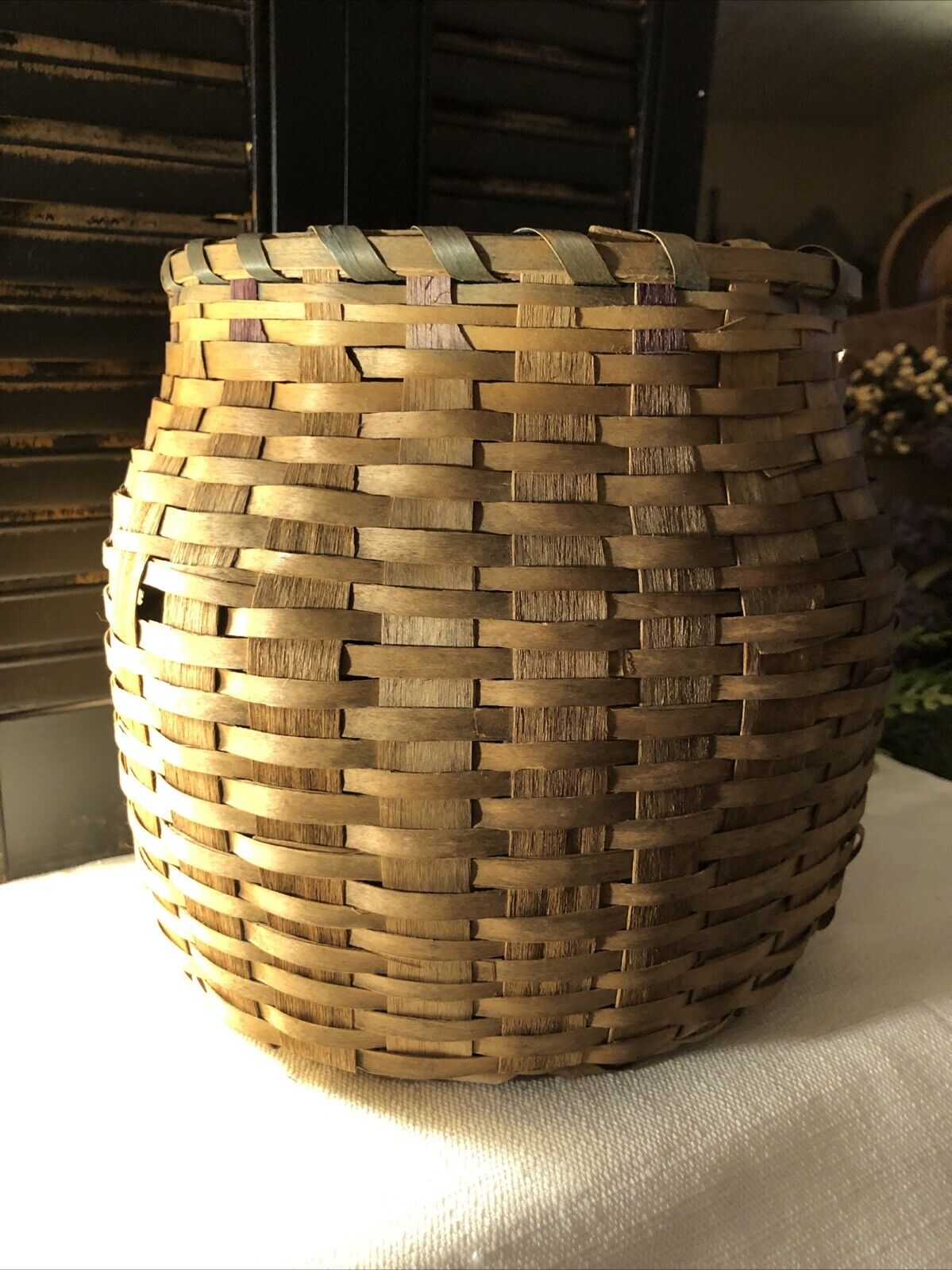 Antique Native American Ash Splint Basket Remnants Dyed Weavers Round