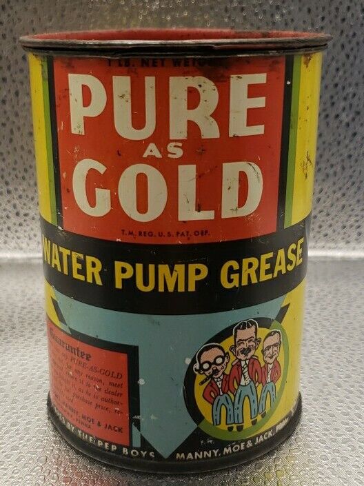 Vintage PEP BOYS 1933 PURE GOLD 1lb Water Pump Grease Tin Can Graphics Sign.
