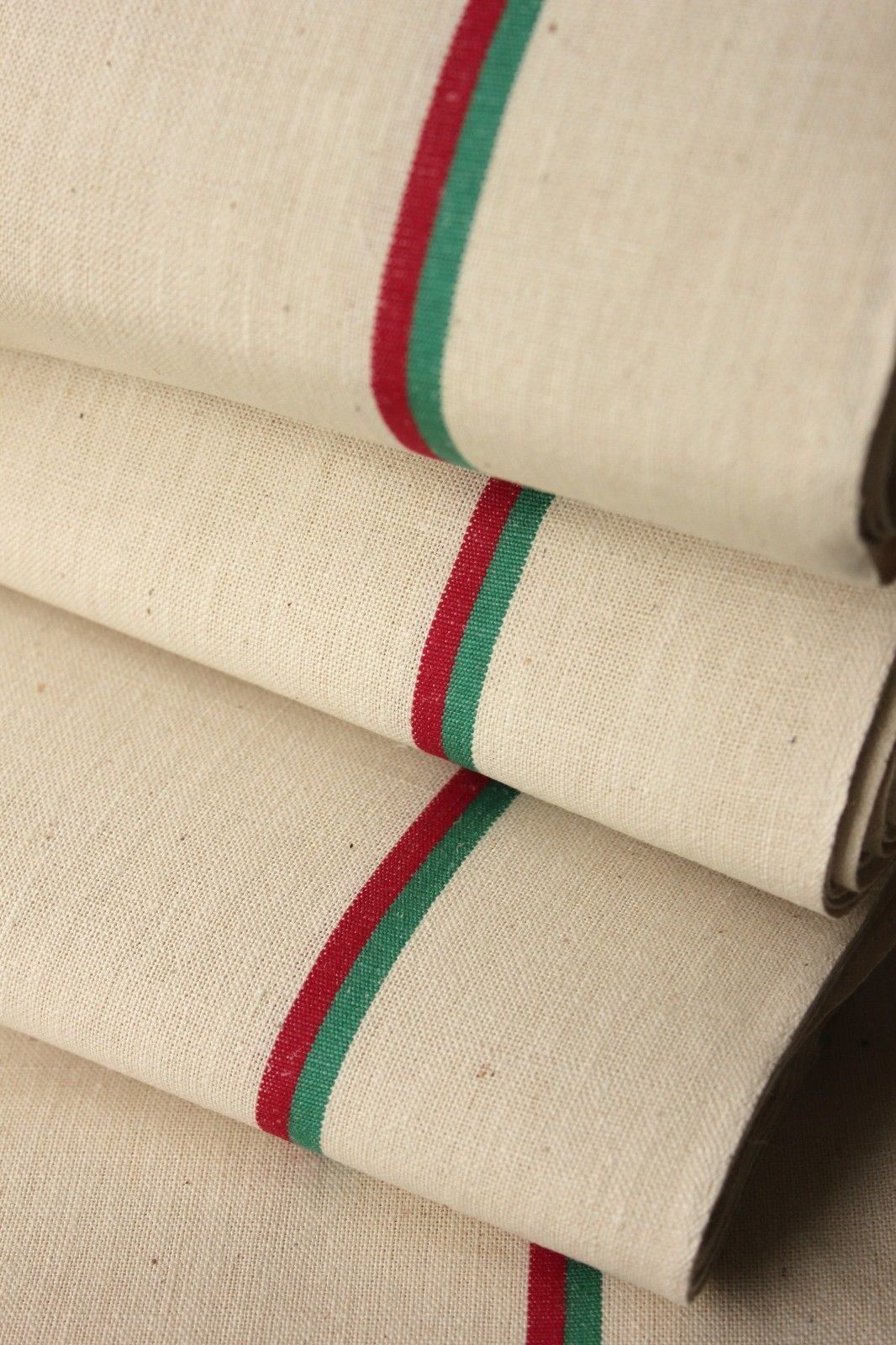 Vintage French Fabric unused linen & cotton red green stripes Christmas material