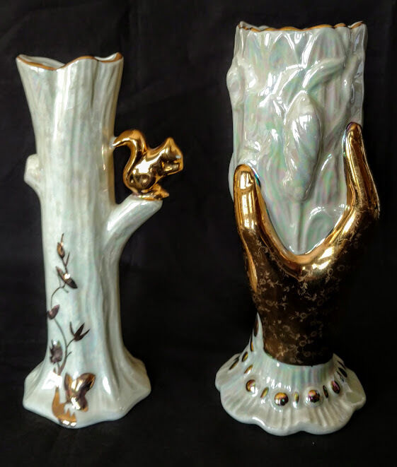 Antique Opalescent & Gold Gilded Lusterware Porcelain Vase Set Rarest of