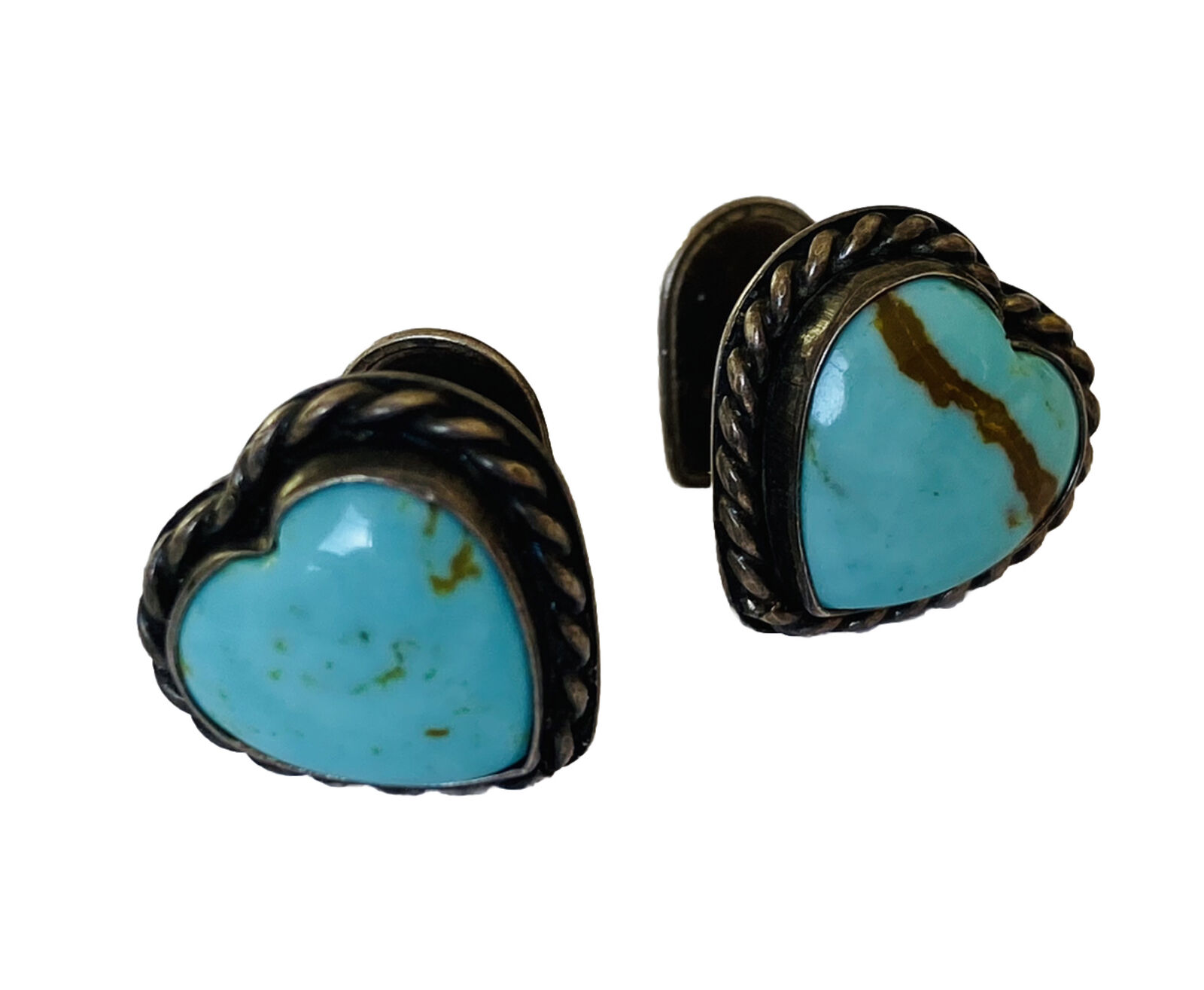 Vintage Navajo Native American Sterling Silver Turquoise Heart Cufflinks