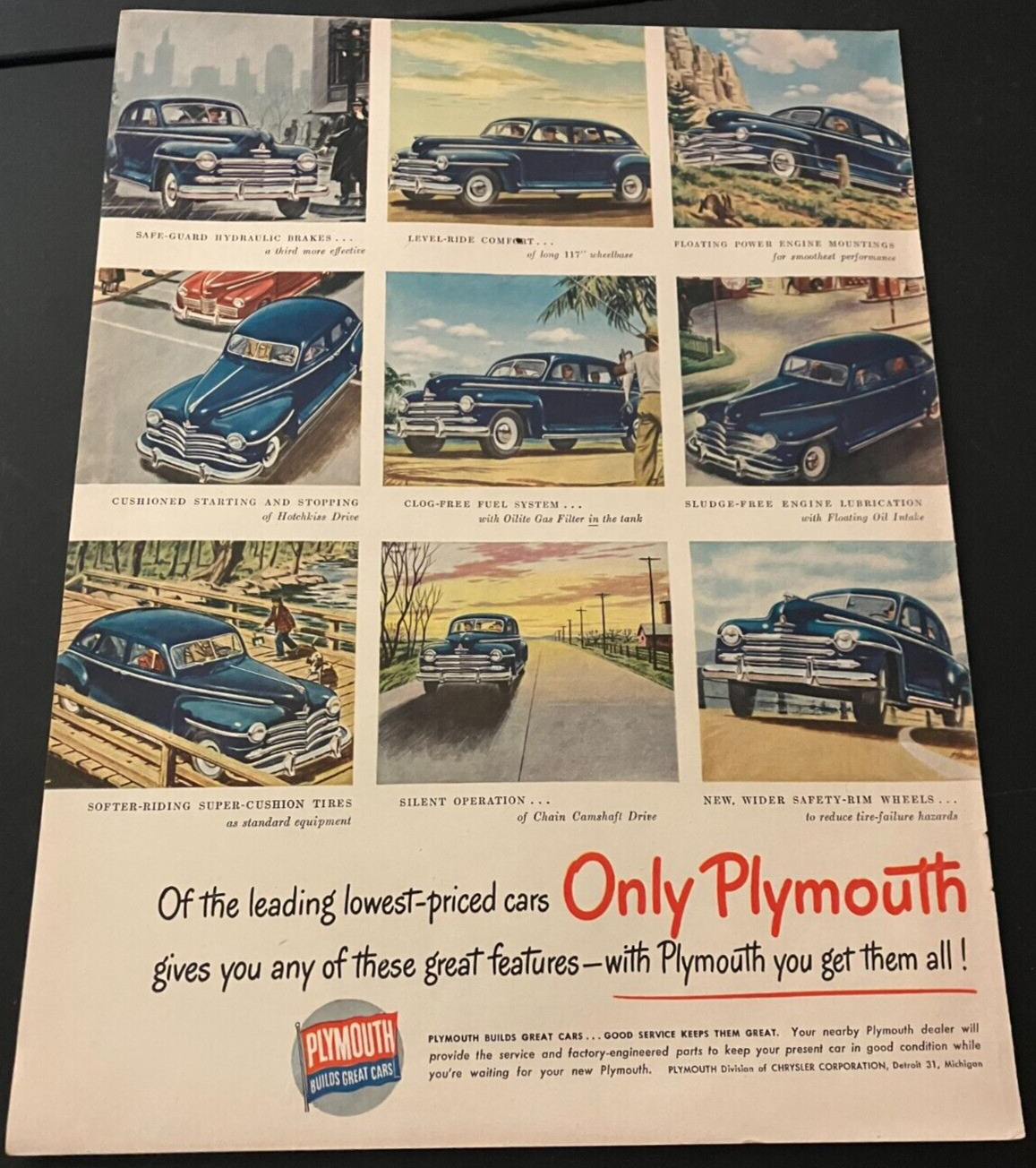 Blue 1948 Plymouth Special Sedan - Vintage Original Color Print Ad / Wall Art