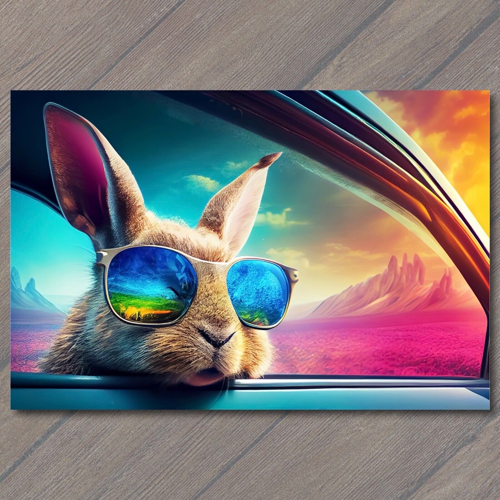POSTCARD Bunny Shades in a Colorful Ride - Summer Vibes Unleashed