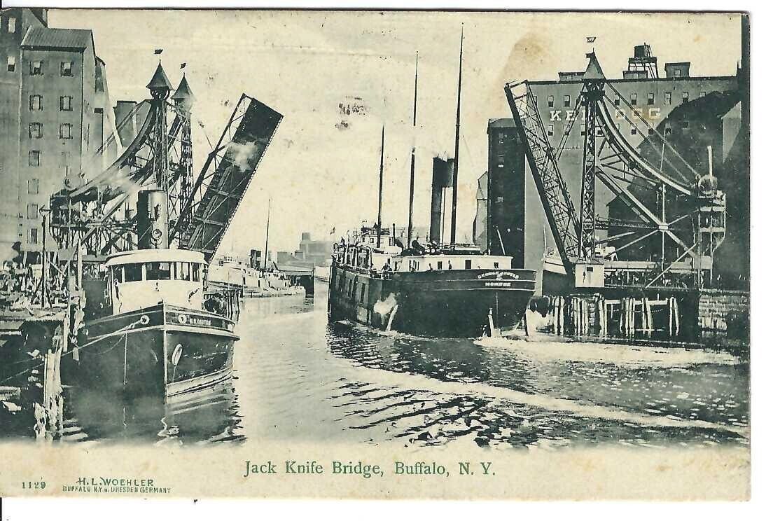 CS-230 NY Buffalo Jack Knife Draw Bridge Ships Undivided Back Postcard