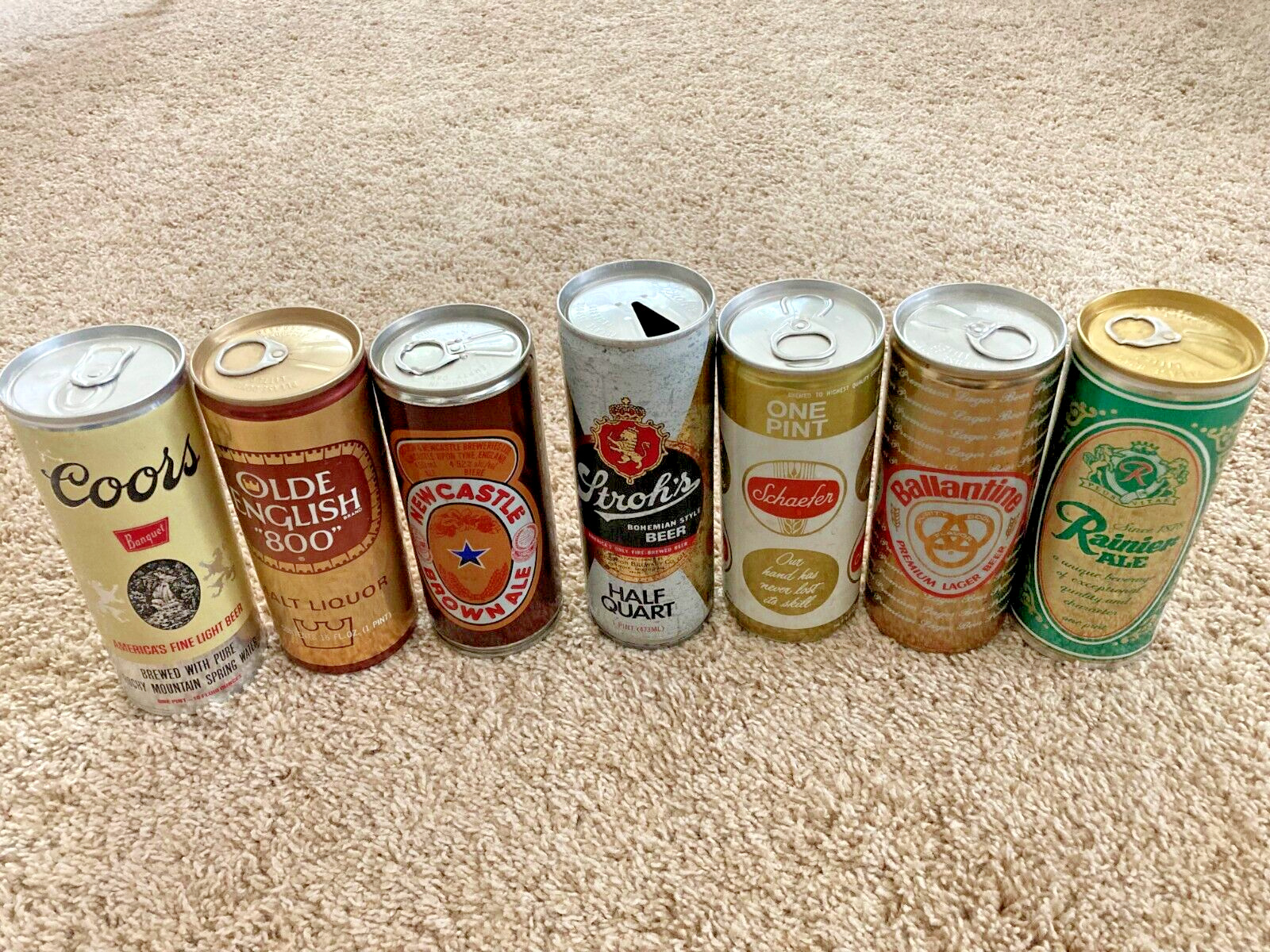 Vintage Lot of 7 Collectible Beer Cans 6 Bottom Opened New Castle, Reinier Ale,+