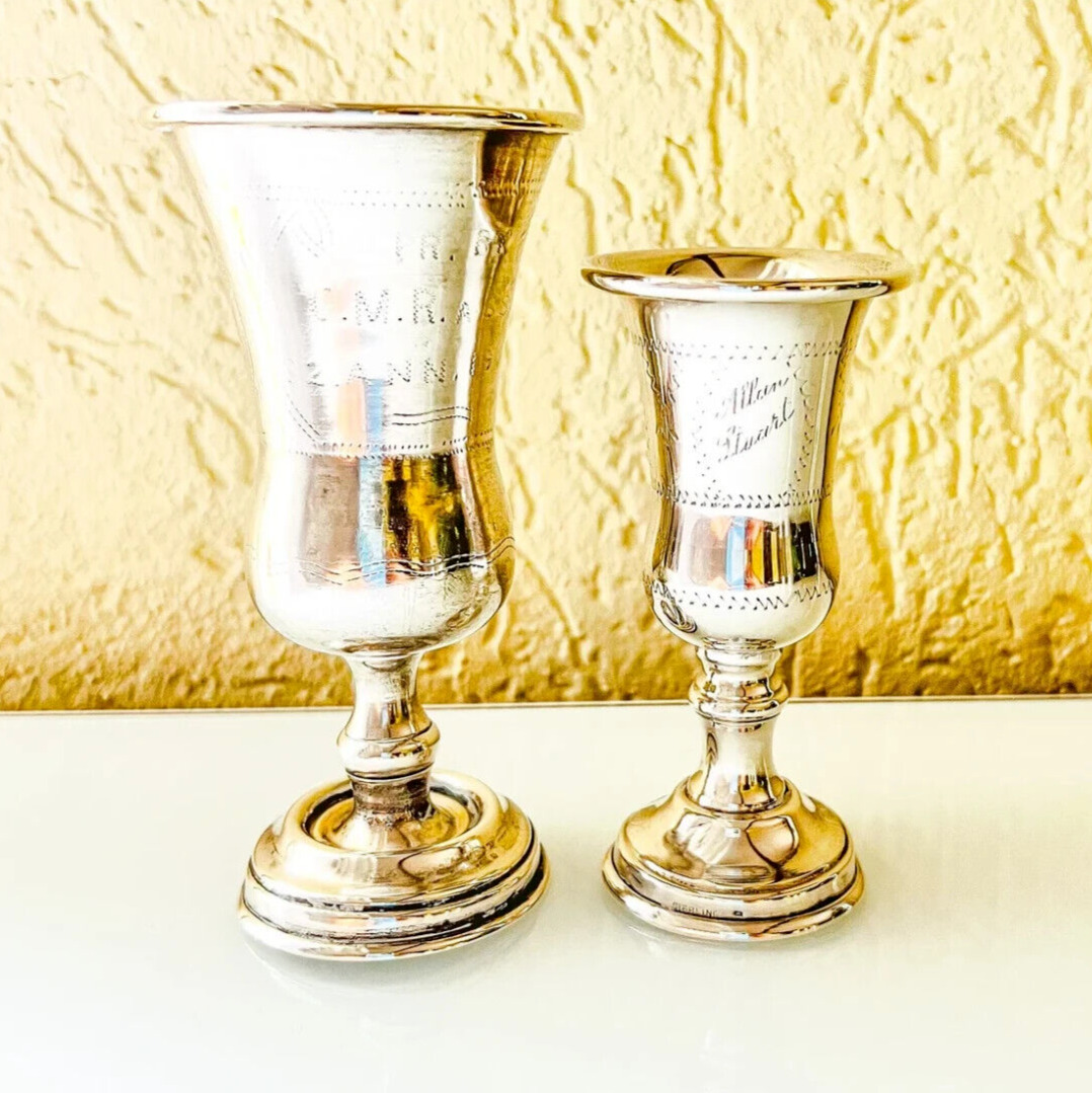 Antique Set Of 2 Sterling Silver 1920s Judaica Kiddush Cup Star of David 115g