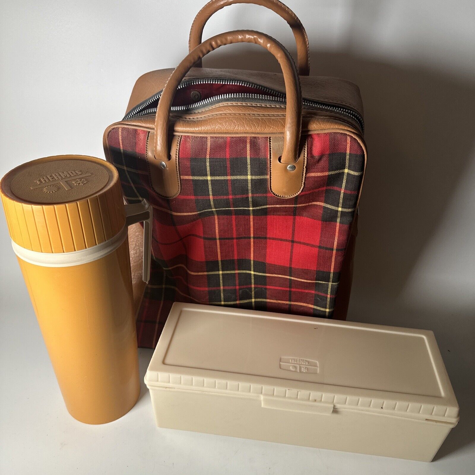 Vintage Red Plaid  Metal Thermos Picnic Set With Cup And Lunch Box
