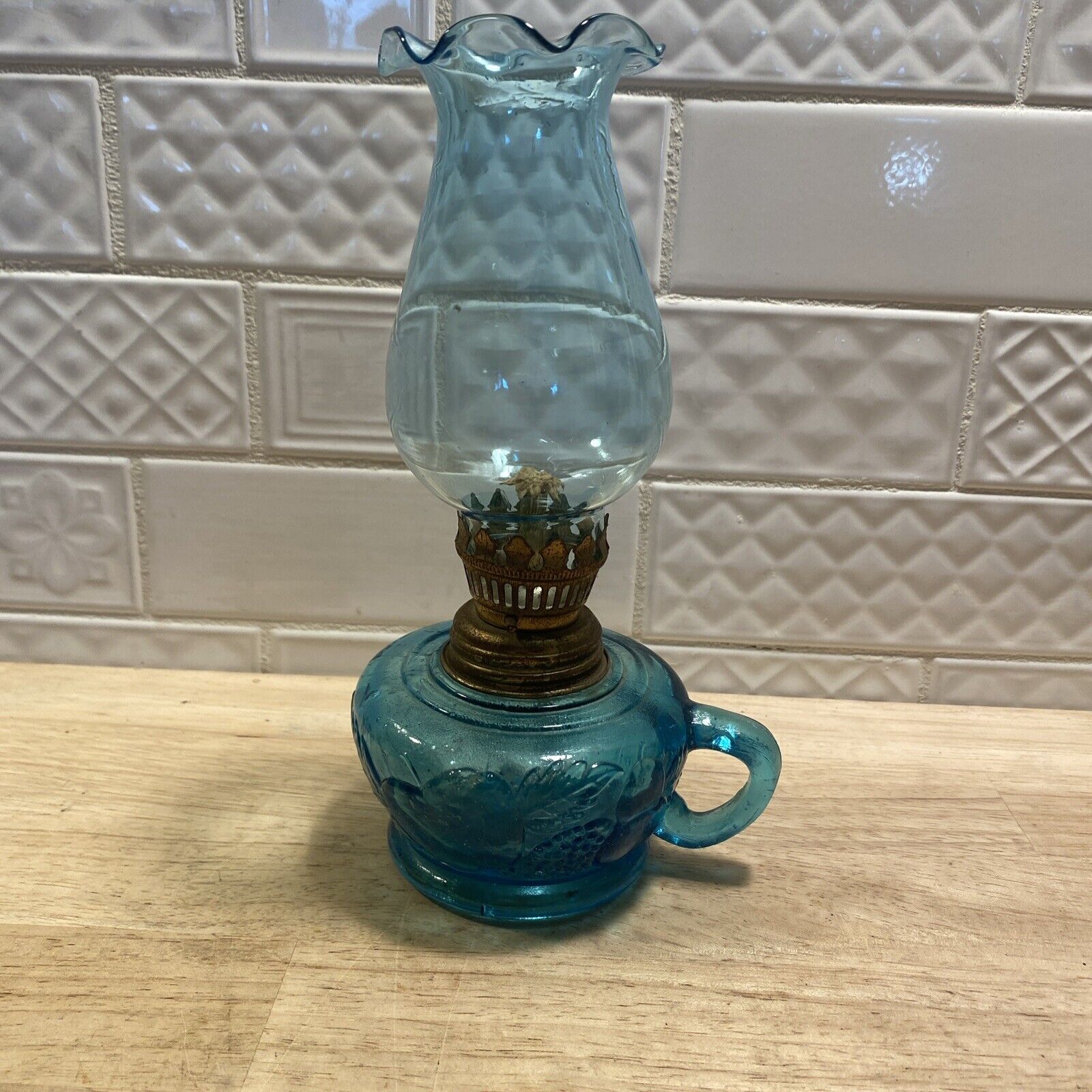 Vintage Mini Aqua Blue Glass Oil Lamp Ruffled Chimney Fruit 7.5” - Hong Kong.