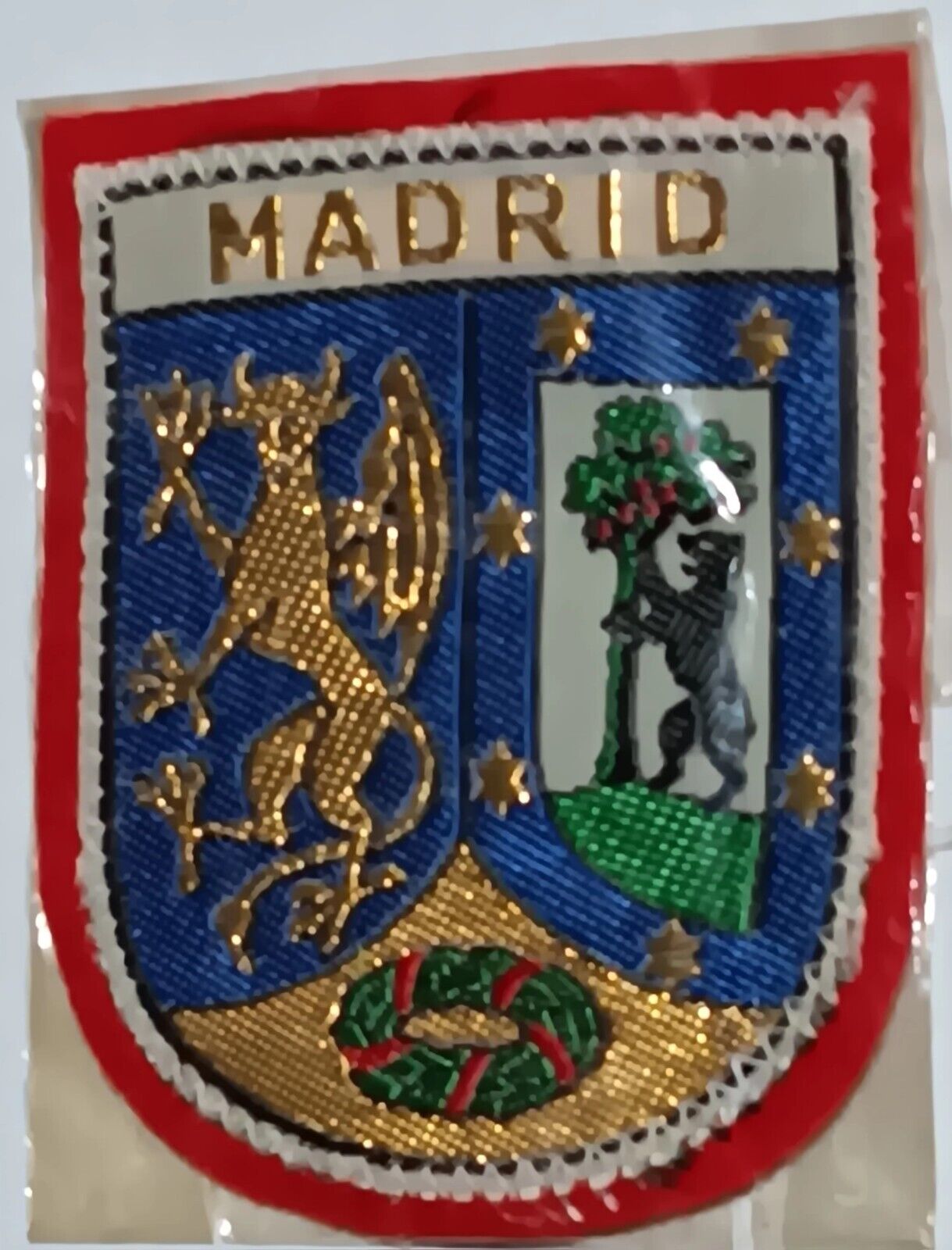 Vintage Madrid Spain Espana Coat of Arms Crest Souvenir Red Felt Woven Patch New
