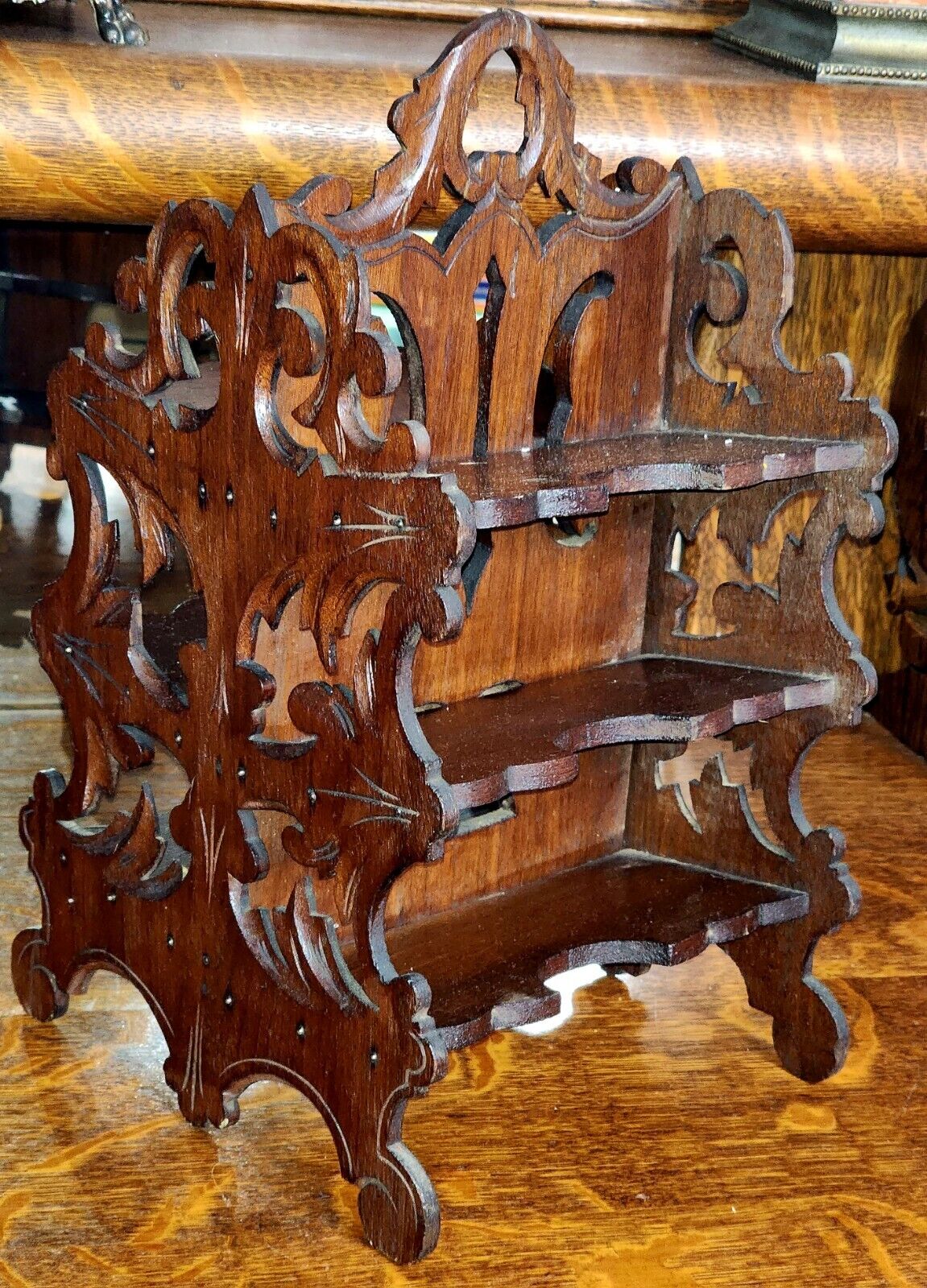 Antique, 1800\'s, Victorian Carved Wood Stereo View Card Holder 3 Tier