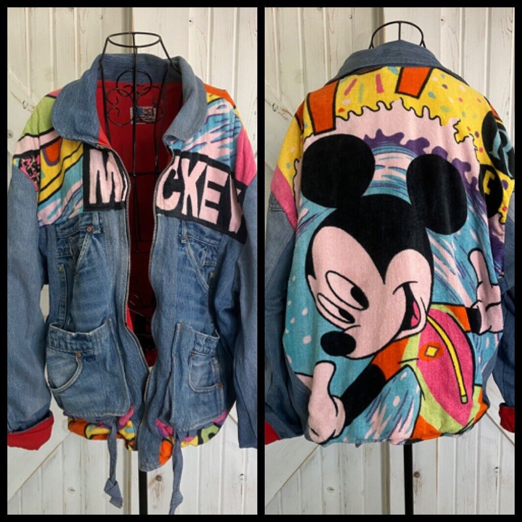 DAMAGED 90\'s Vintage Too Cute Disney Guetta Bros Mickey Mouse Denim Jacket Coat