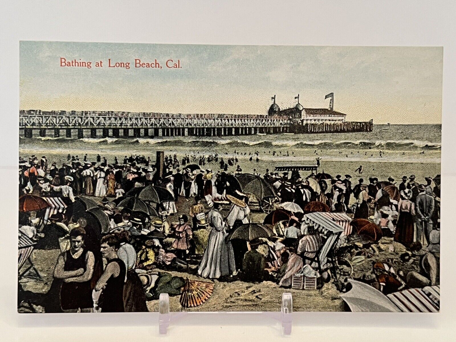 Vintage 1908 Bathing Scene Large Crowd at Long Beach California Postcard