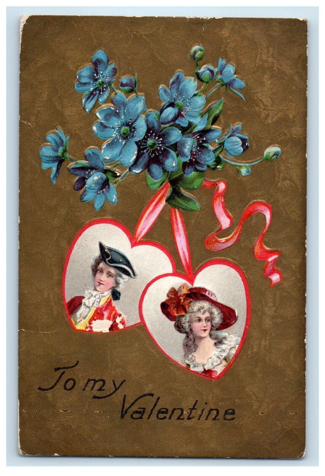 1909 Valentine Flowers With Flowers Colonial Girl Boy Embossed Antique Postcard