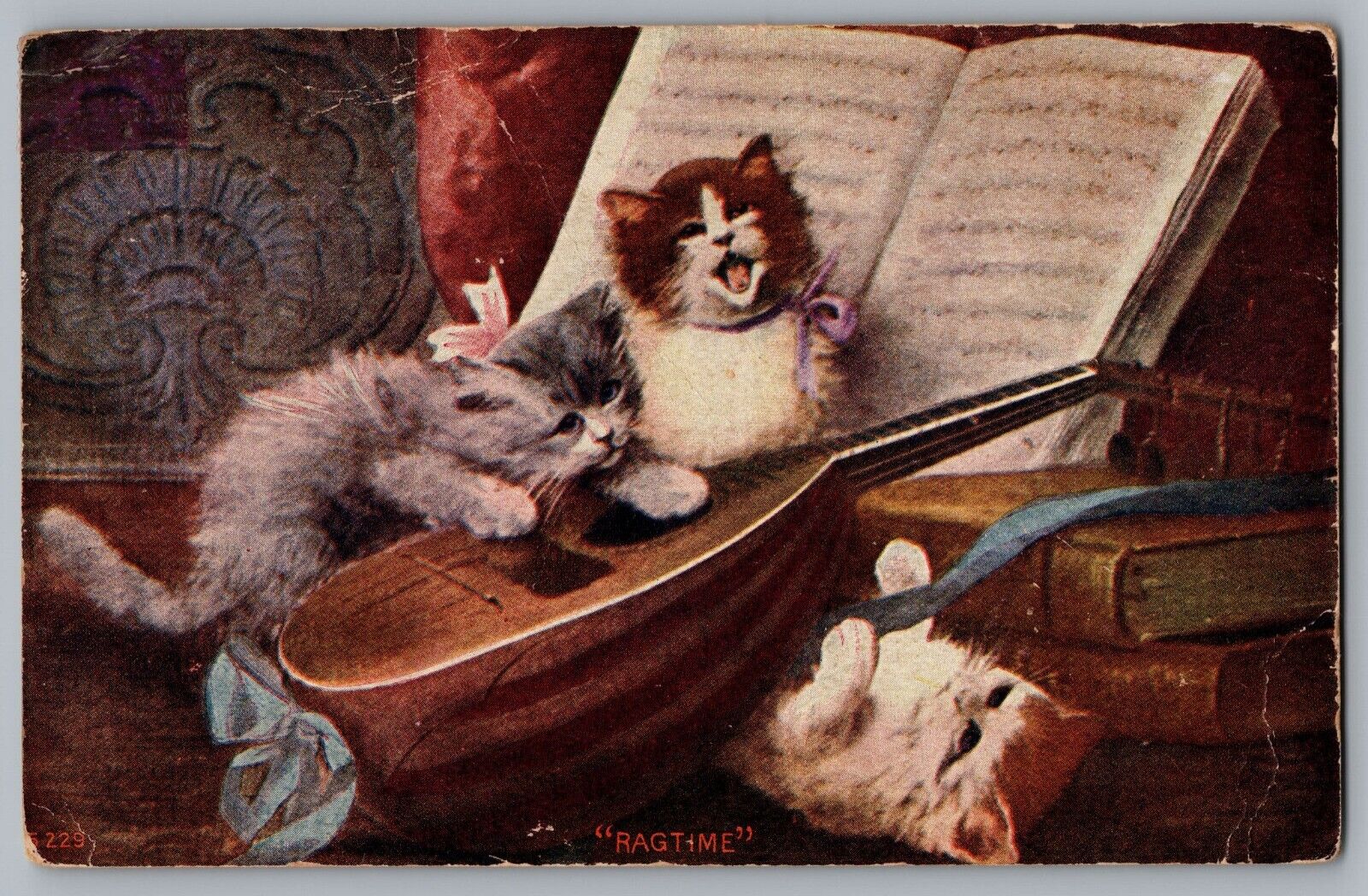 Ragtime Kittens Cats Mandolin Music Song Book Ribbon Play Postcard Posted 1909