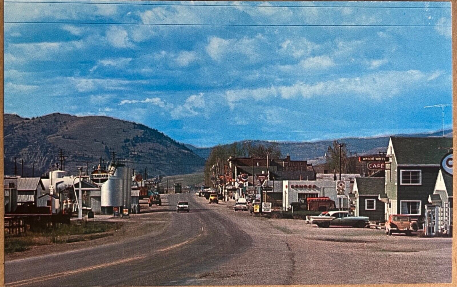 Drummond Montana Main Street Scene View Gas Station Café Old Cars Postcard c1950