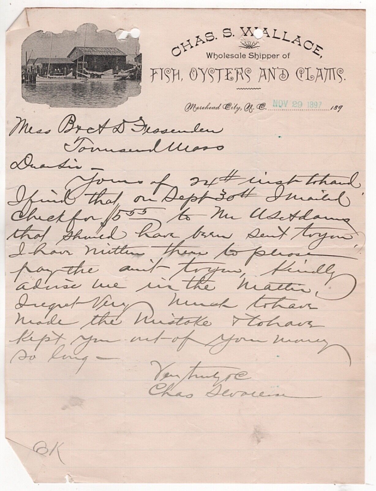 1897 RARE CHAS WALLACE LETTERHEAD FISH OYSTERS CLAMS MOREHEAD CITY NC FESSENDEN