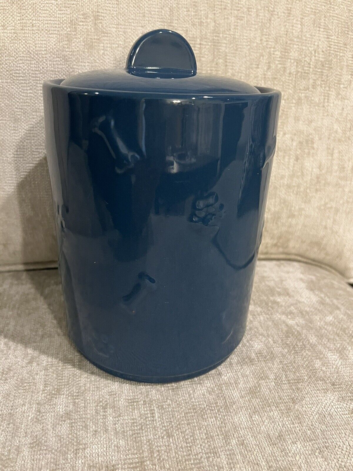Dog Treat Canister Jar Navy Blue. Embossed with Bones and Paws. Heavy Stoneware