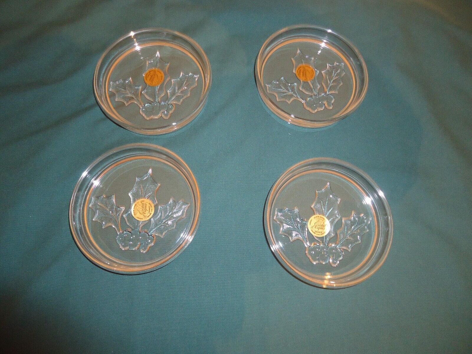 4 NEW Cristal d\'Arques 24% Lead Crystal Coasters Holly & Berries Christmas