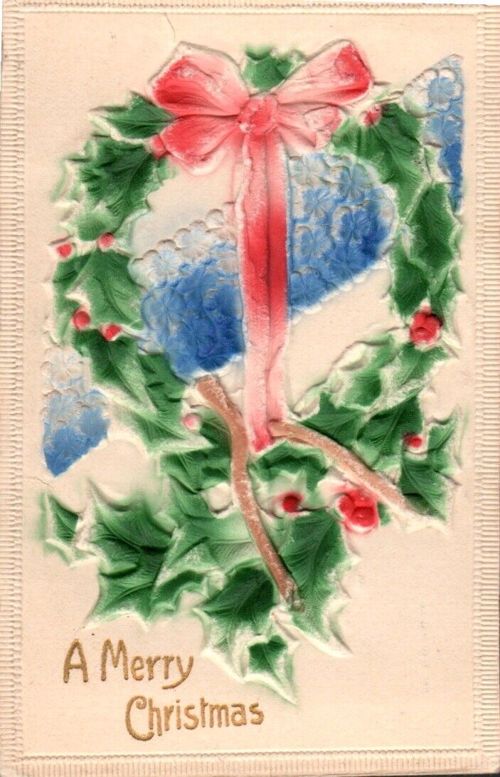 Postcard, Antique, A Merry Christmas, Green Ivy RedBow, Embossed, Stamped 1913