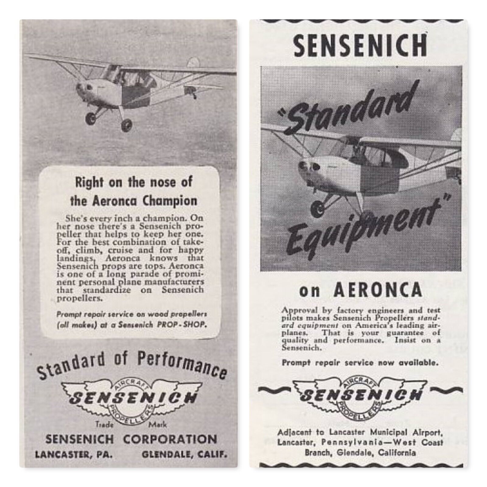 TWO 1940\'s Aeronca Champion Sensenich Aircraft ads 3/1/2023i