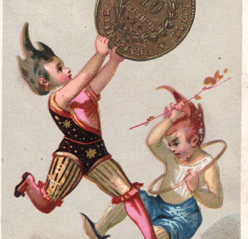 1800\'s Aubry Paris France French Trade Card Coins Fairies Nymph Dancing