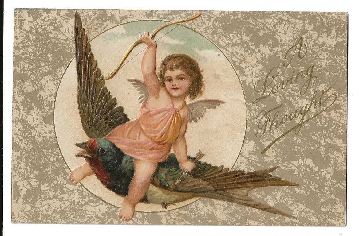 PC Valentine~Winged Cupid with Bow & Arrow Rides Bird~Embossed~1909 P\'mark~VG