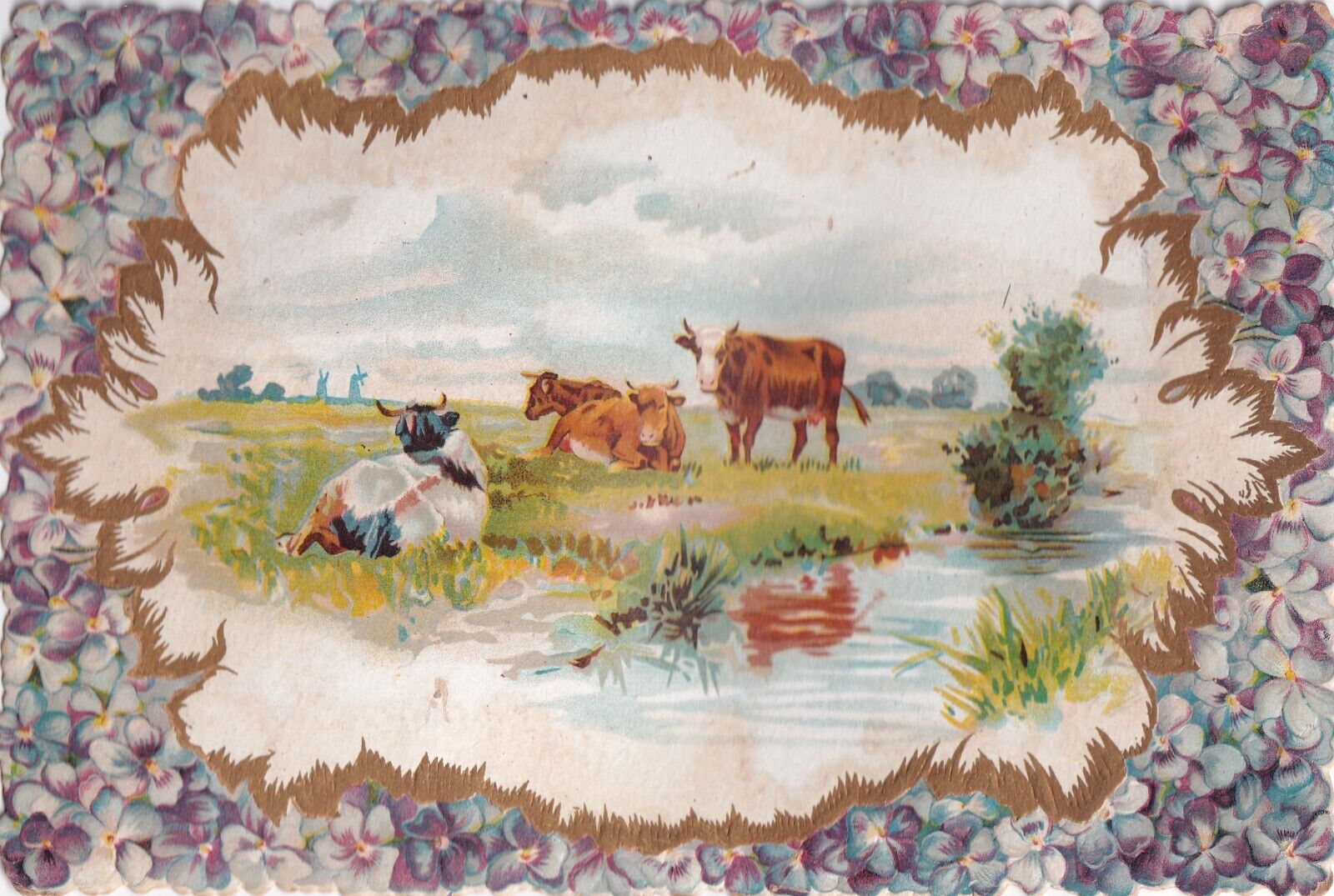 Beautiful Extra Large 1800\'s Victorian Card -Cows Out on Pasture Pond -#1