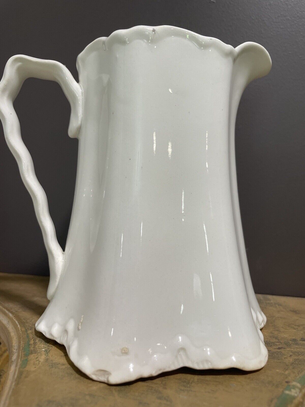 Antique George Brothers Rainier White Milk Pitcher Ruffled Top Scalloped Edges