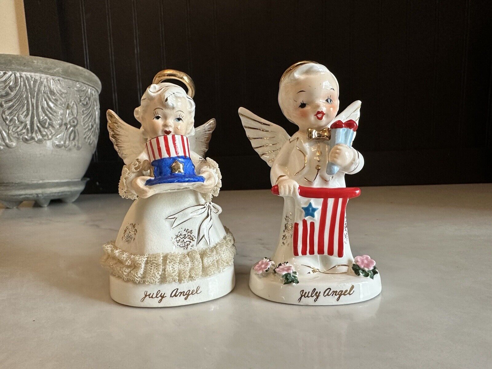 NAPCO & Art Birthday 4th of July Patriotic Boy & Girl Angel Figurines 🇺🇸