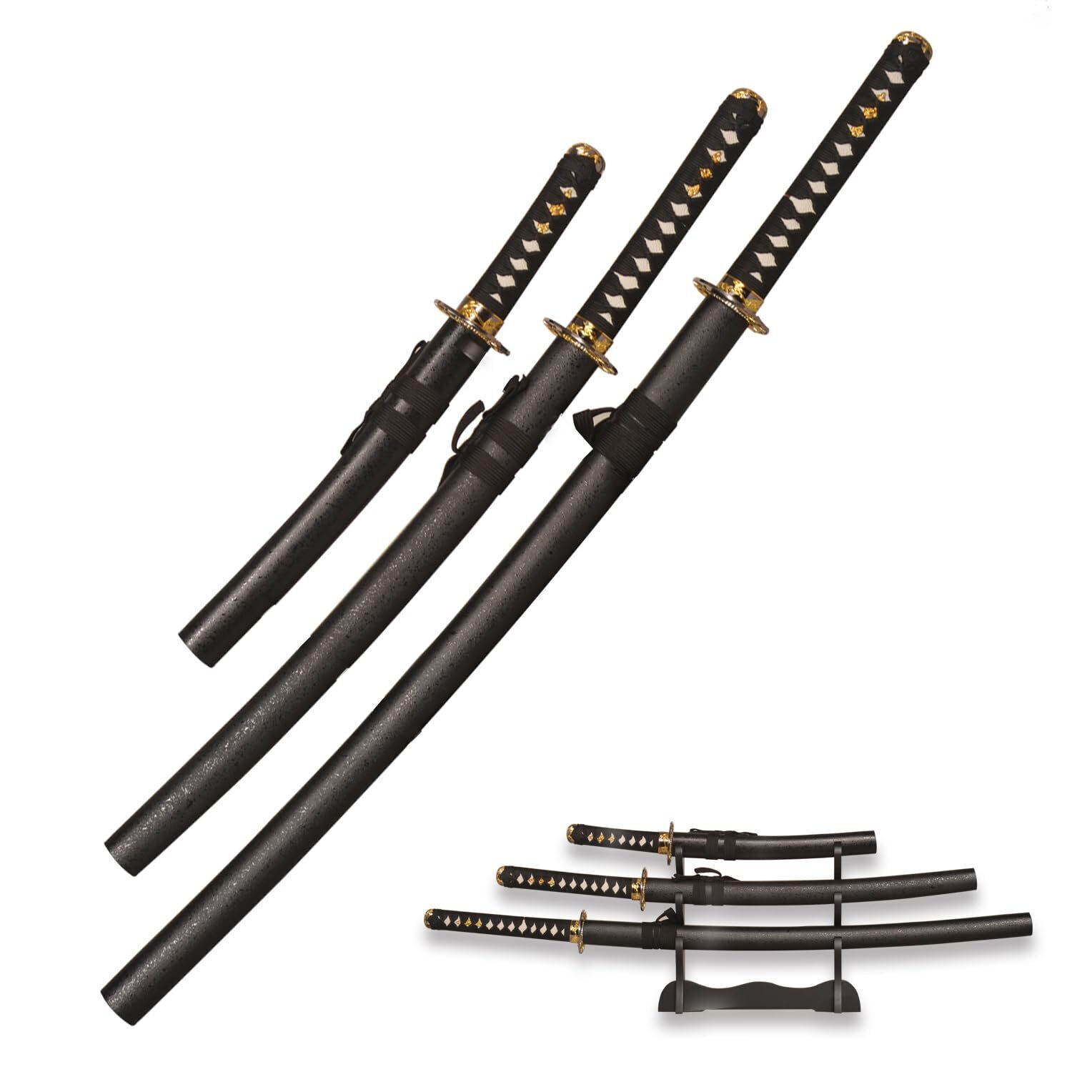 Handmade Carbon Steel Samurai Sword, Katana 3-Piece Set with Display Stand