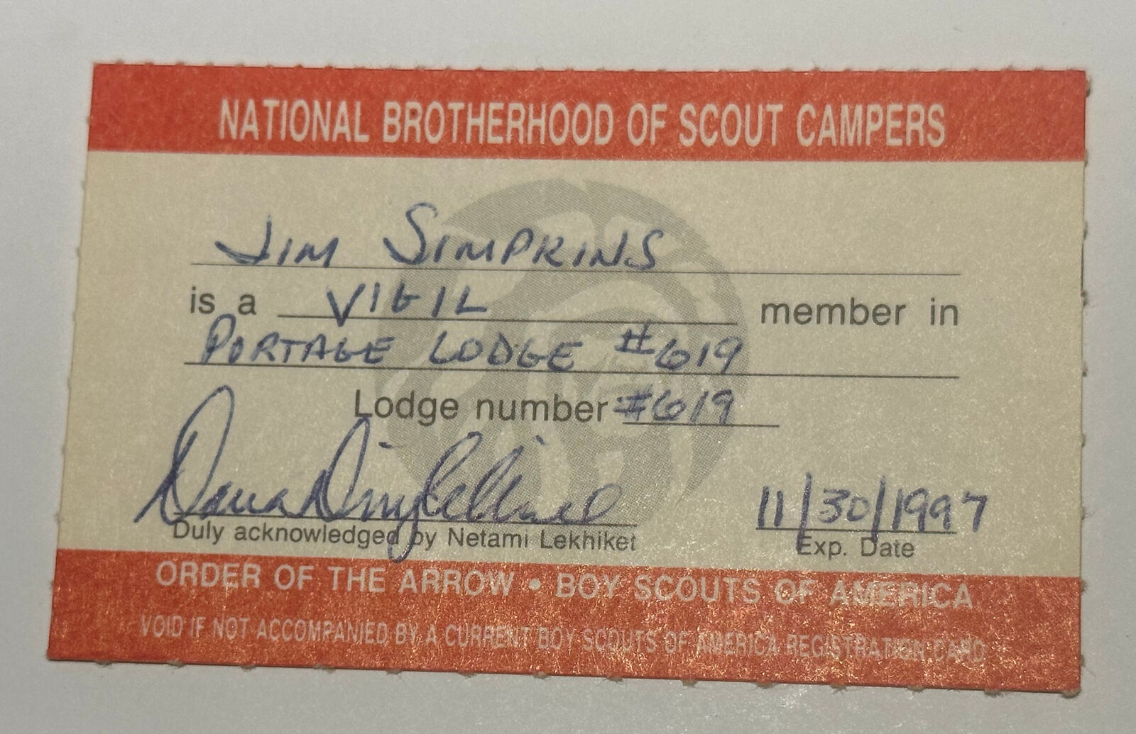 Boy Scout OA Membership Card Lodge 619 Portage 1997 Ohio     RC6