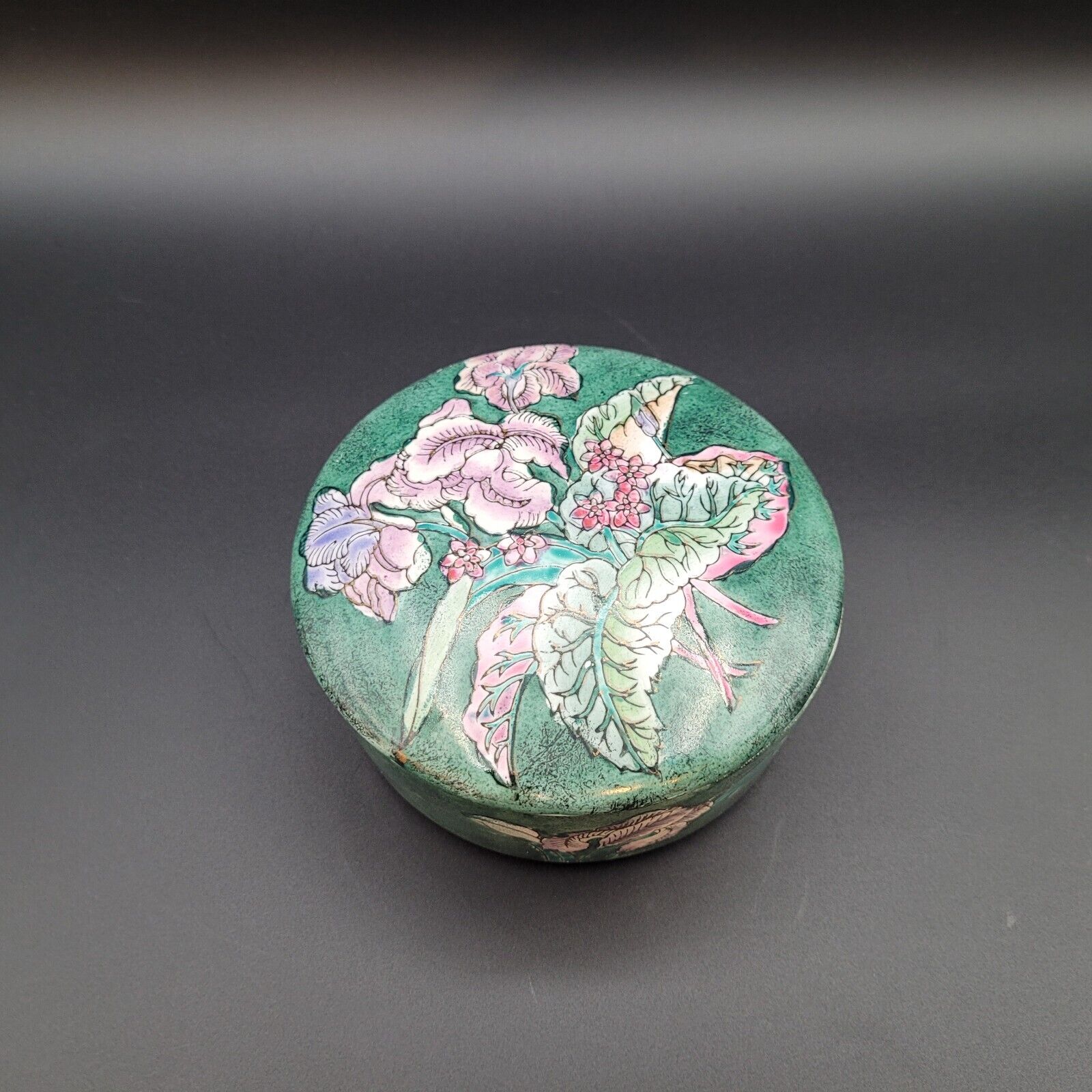 Vintage Green Floral Ceramic Powder or Trinket Box